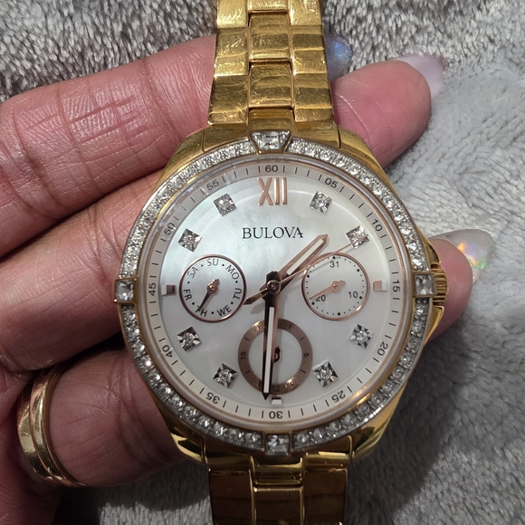 Bulova Gold and White Watch with Crystal Details